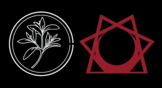 Two marks on black: a white lily in a circle and a red unicursal hexagram