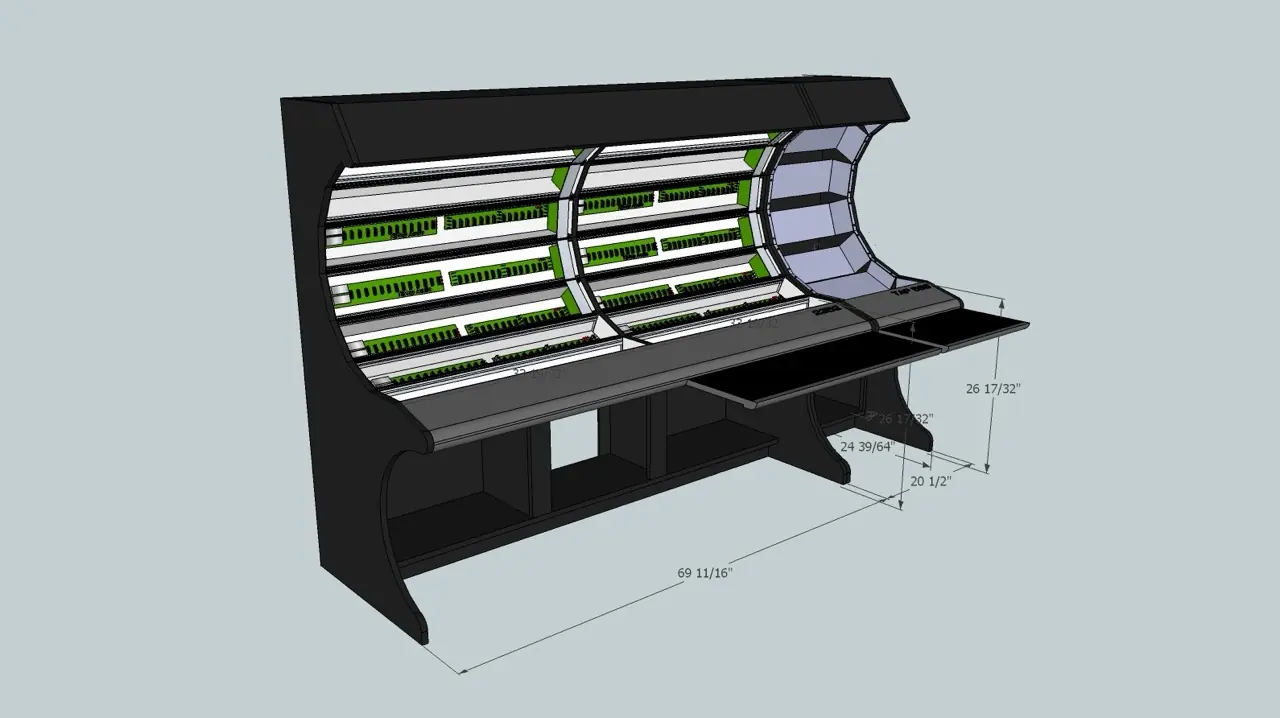 A 3D design render of a curved modular console, dimensions marked