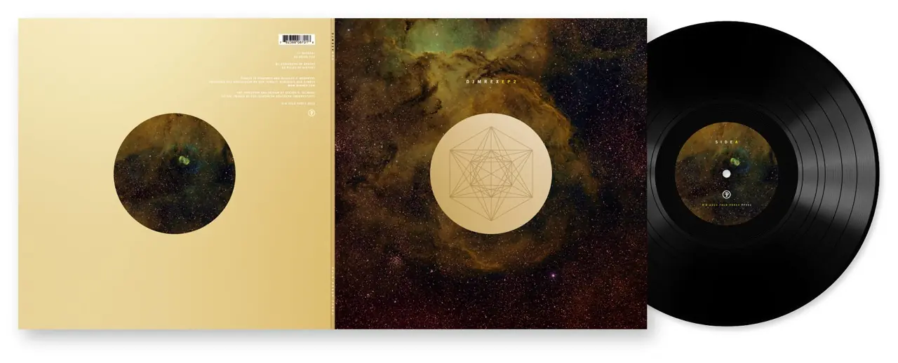 Vinyl mock-up: gold back sleeve, nebula front sleeve with a gold emblem, and the record