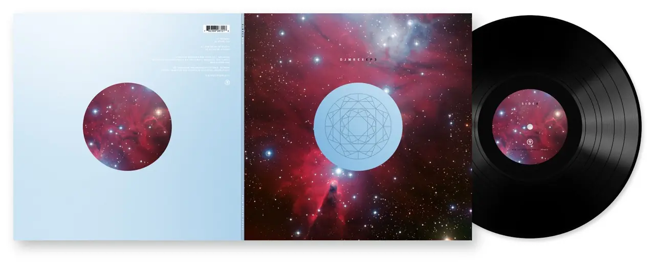 Vinyl mock-up: pale blue back sleeve, red nebula front sleeve with a blue emblem, and the record