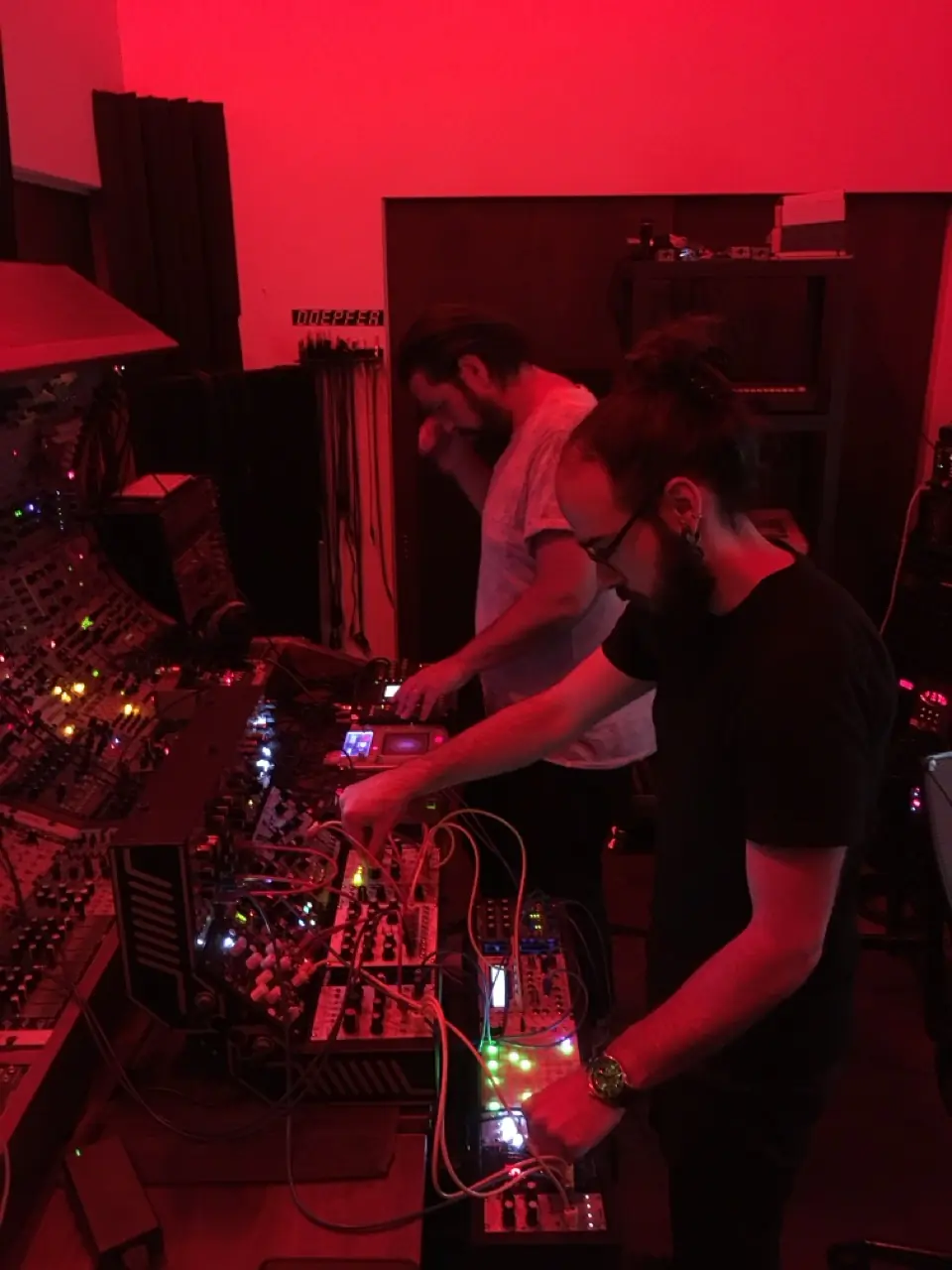 Brad and Anthony at the modular gear in red light, Black Line sessions