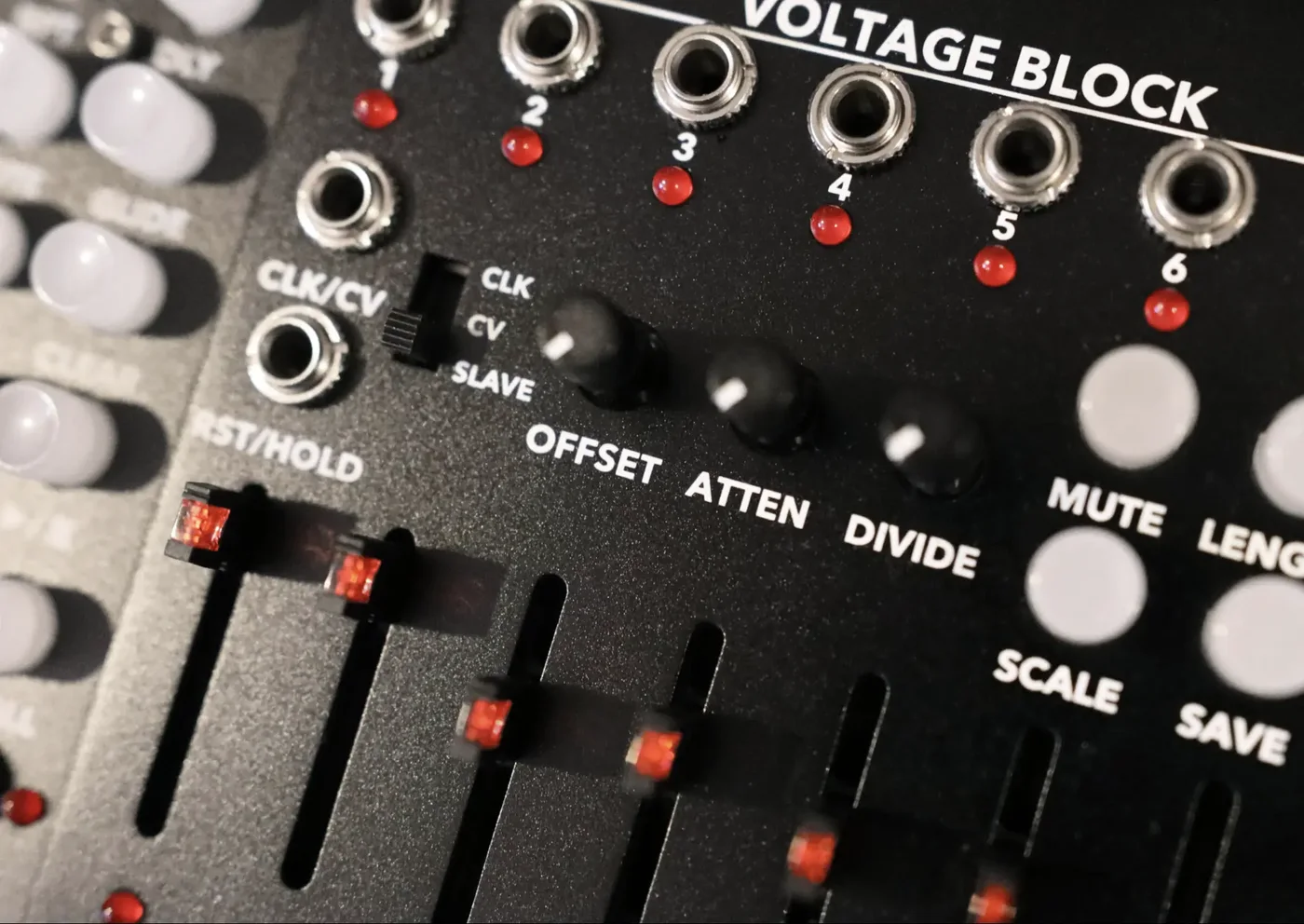 Close-up of a Malekko Voltage Block Eurorack module