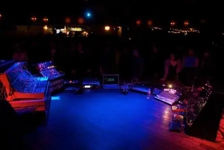 Alessandro Cortini and Cyrusrex live at the Knitting Factory, Hollywood: their modular rigs on stage under blue light