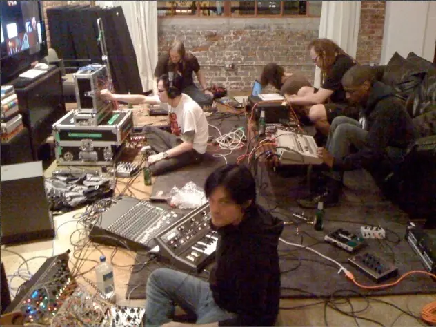 Alessandro Cortini, Venetian Snares, cEvin Key, John Frusciante, Dre and Cyrus on the floor of Cyrus's studio, jamming on modular gear