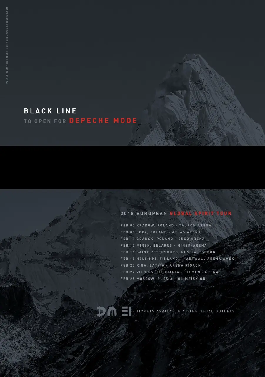 Tour poster: Black Line to open for Depeche Mode on the 2018 European Global Spirit Tour, with the dates